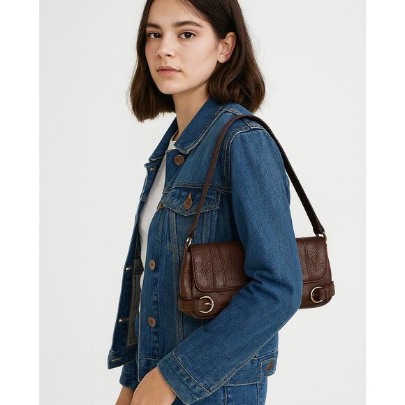 Ann Taylor Loft Genuine Pebbled Leather Y2K Small Shoulder Top Handle Bag Brown - Picture 1 of 7